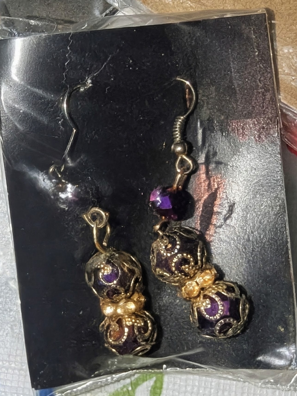 Gold Filigree Dangle Earrings with Purple Beads